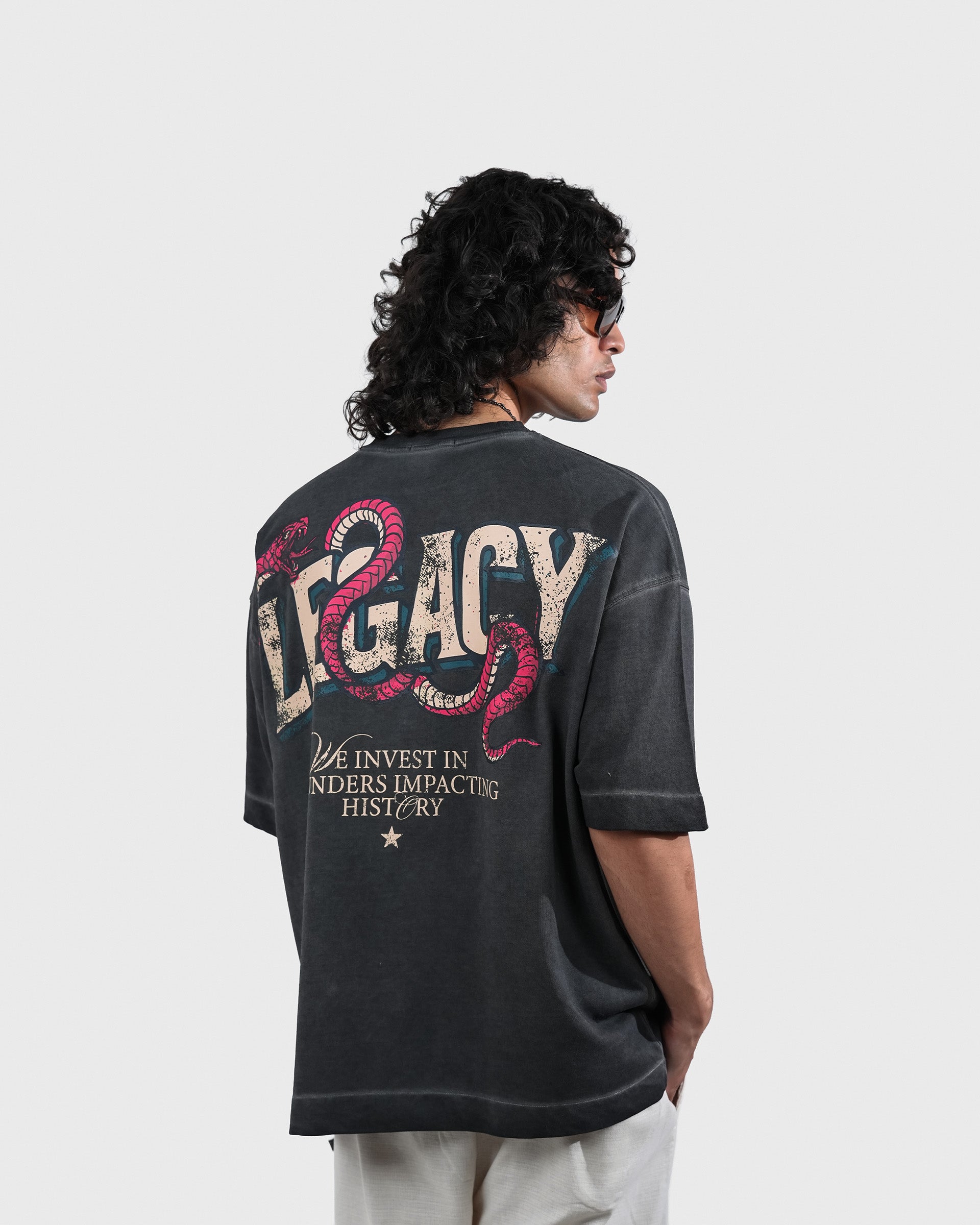 Legacy- Black Pigment Washed Oversized Printed T-shirt – Khaaki