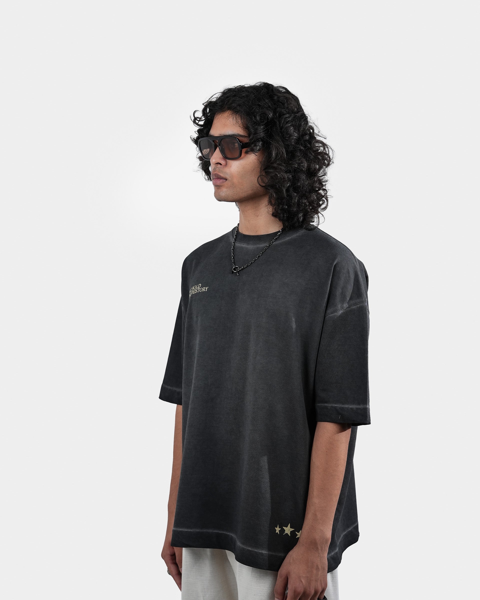 Legacy- Black Pigment Washed Oversized Printed T-shirt – Khaaki