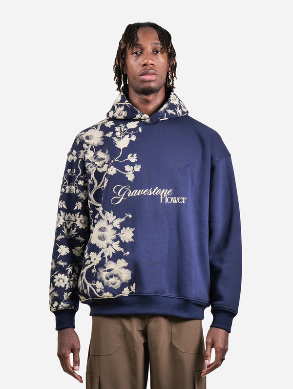 Gravestone Flower - Navy Blue Floral Print Drop Shoulder Unisex Oversized Hoodie