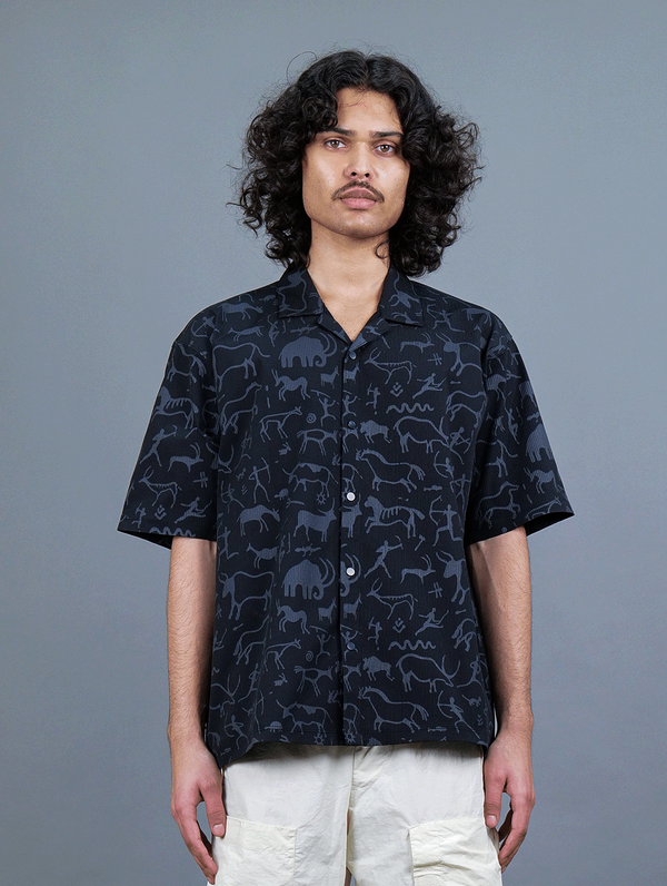 Ancient - Black Oversized Printed Men Cuban Collared Shirt