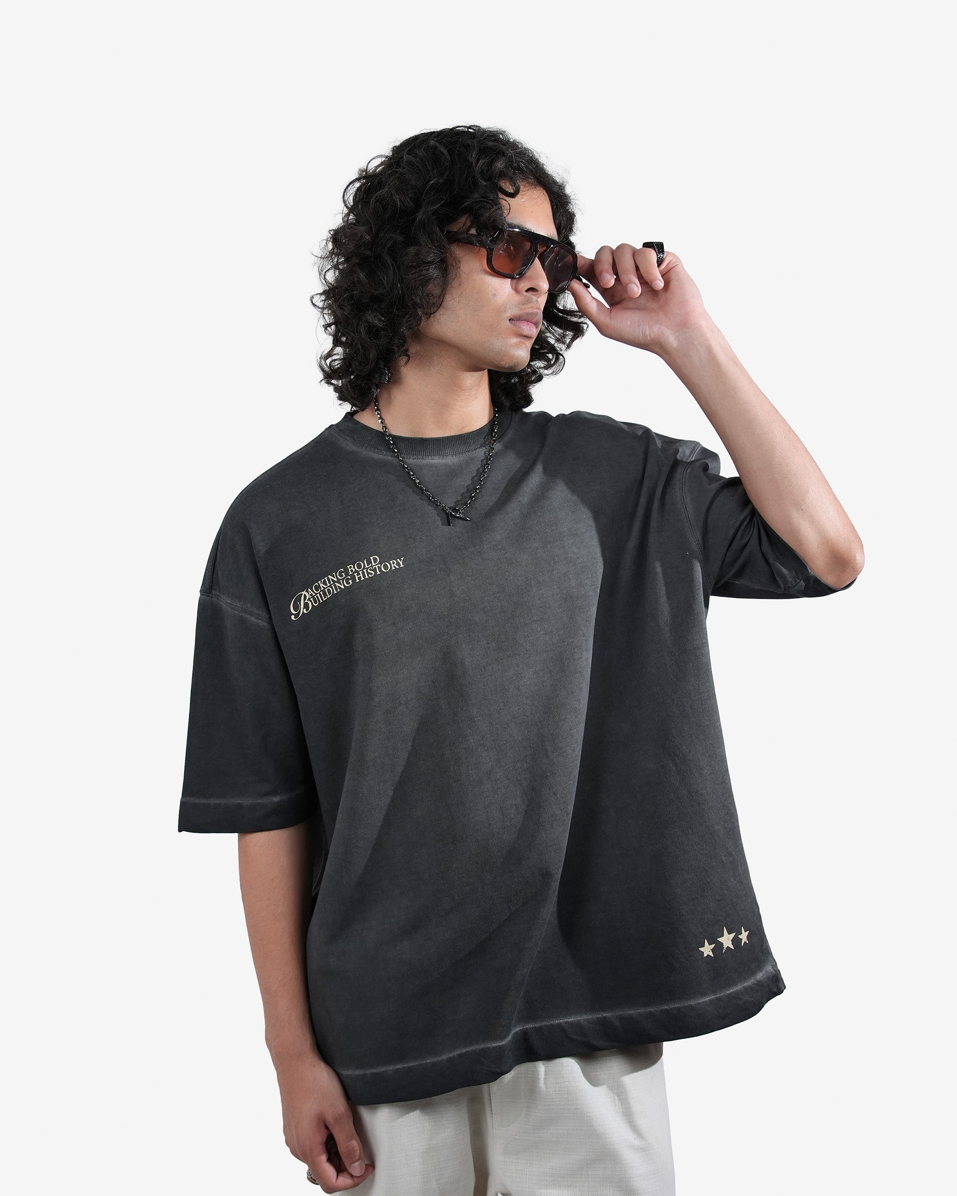 Legacy- Black Pigment Washed Oversized Printed T-shirt – Khaaki