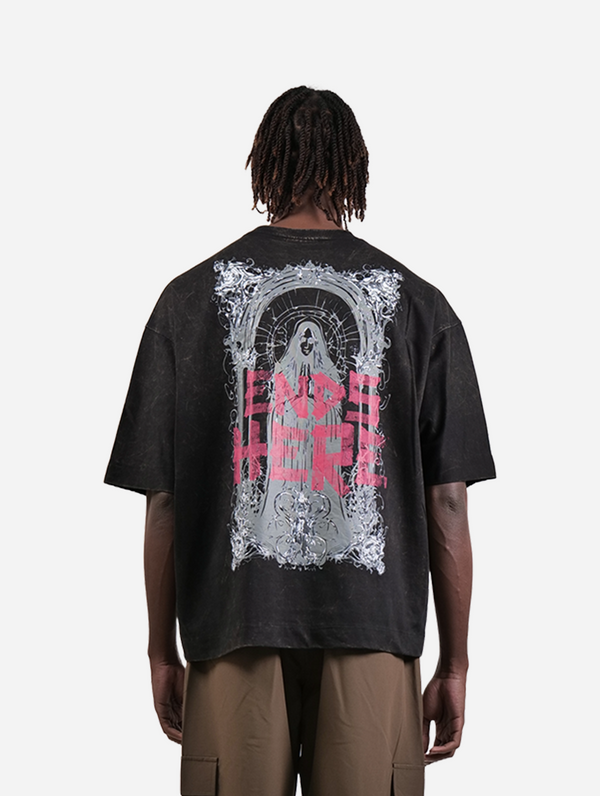 It Ends Here! - Black Washed Graphic Drop Shoulder Unisex Oversized T-Shirt