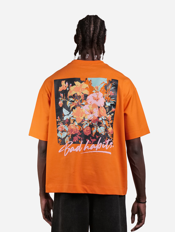 Bad Habits - Orange Graphic Drop Shoulder Oversized T-Shirt