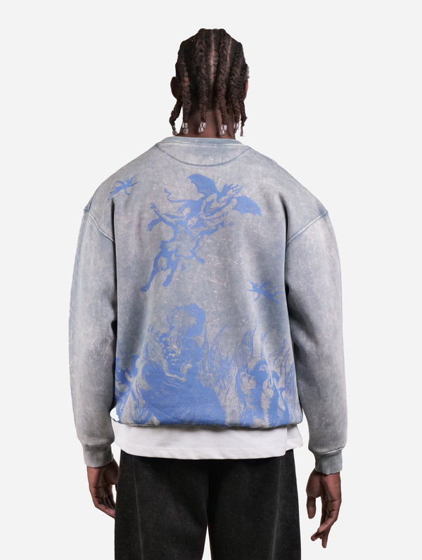 Don't Try Me! Blue Washed Printed Drop Shoulder Men Oversized Sweatshirt