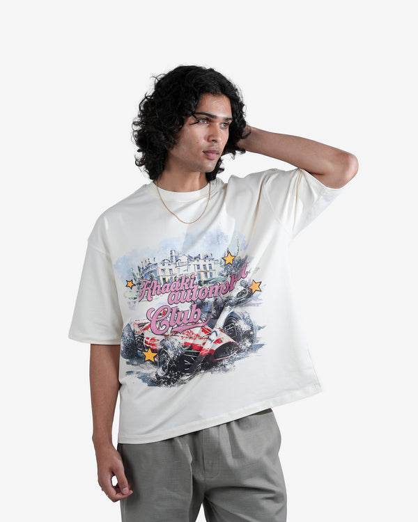 The Automobili Club - Off-White Flock Printed Oversized T-shirt