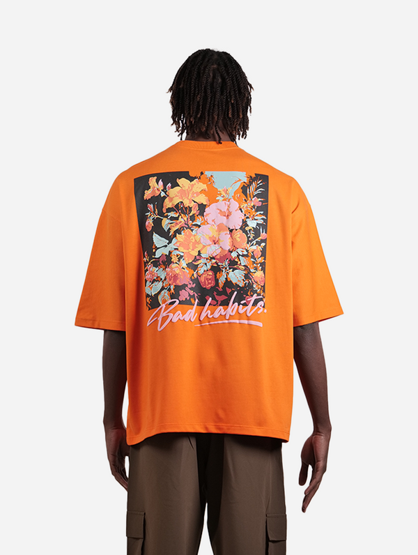 Bad Habits - Orange Graphic Drop Shoulder Unisex Oversized T-Shirt