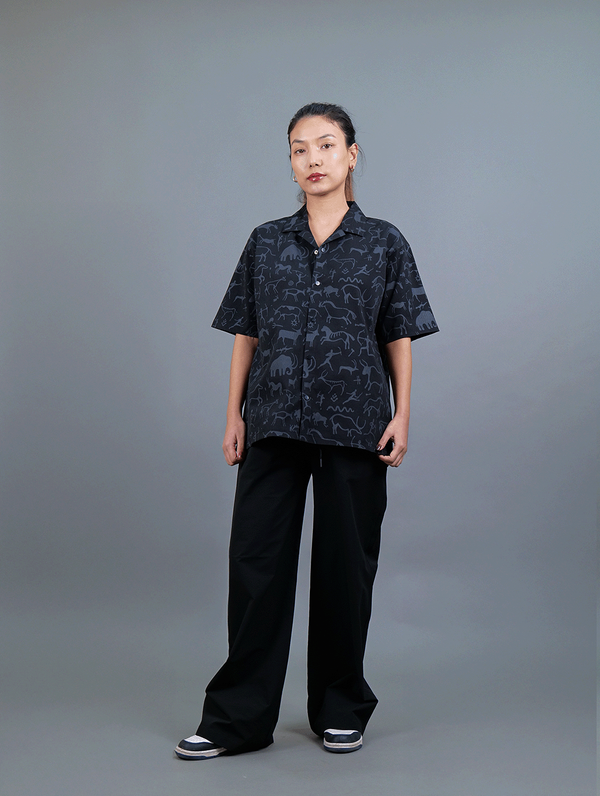 Ancient - Black Oversized Printed Women Cuban Collared Shirt