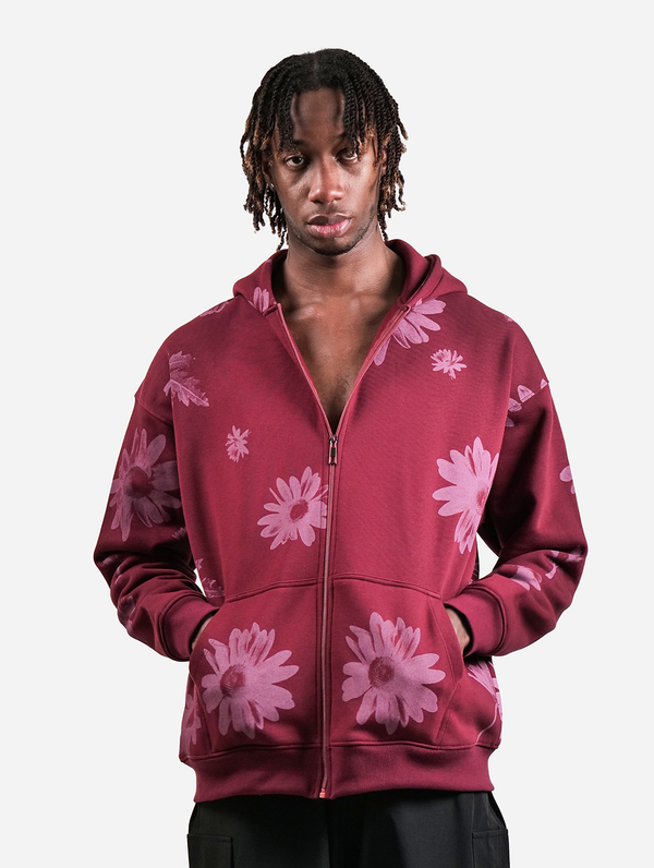 One Of A Kind - Wine All Over Floral Printed Drop Shoulder Oversized Zipper Hoodie