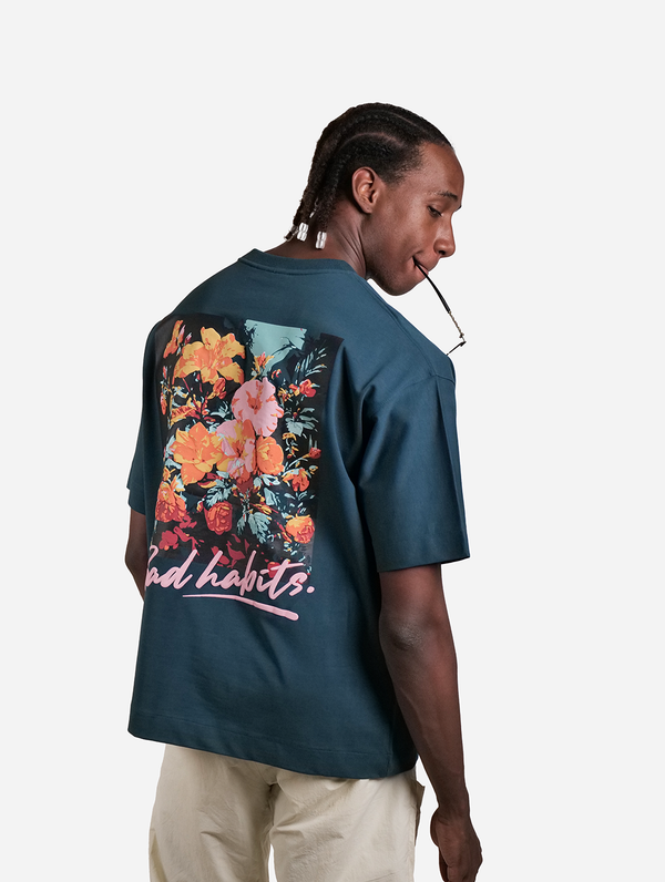 Bad Habits - Peacock Green Graphic Drop Shoulder Oversized T-Shirt