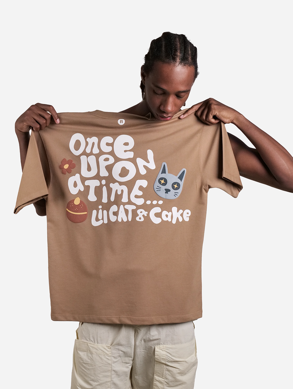 Lil' CAT & CAKE Beige Graphic Drop Shoulder Oversized T-Shirt