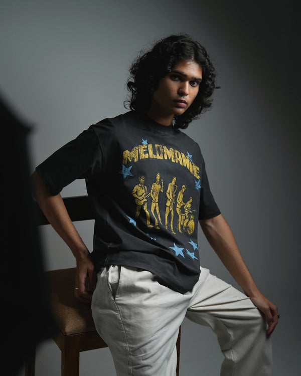 Melomanic - Black Pigment Washed Oversized Printed T-shirt